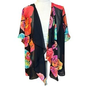 Susan Graver Top Kimono Cover-Up Sheer Cascading Floral Size Large